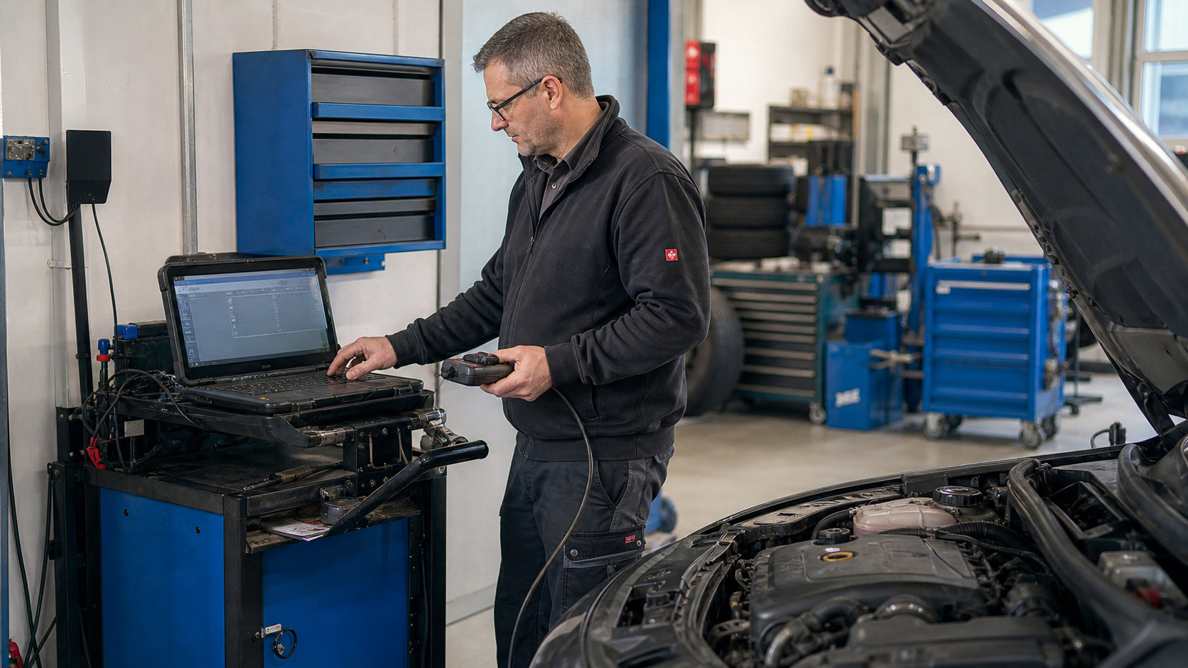 Arbeiten an Fahrwerk und Bremsen eines Sportwagens